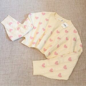 Altar'd State Cream and Pink Heart Cropped Sweater